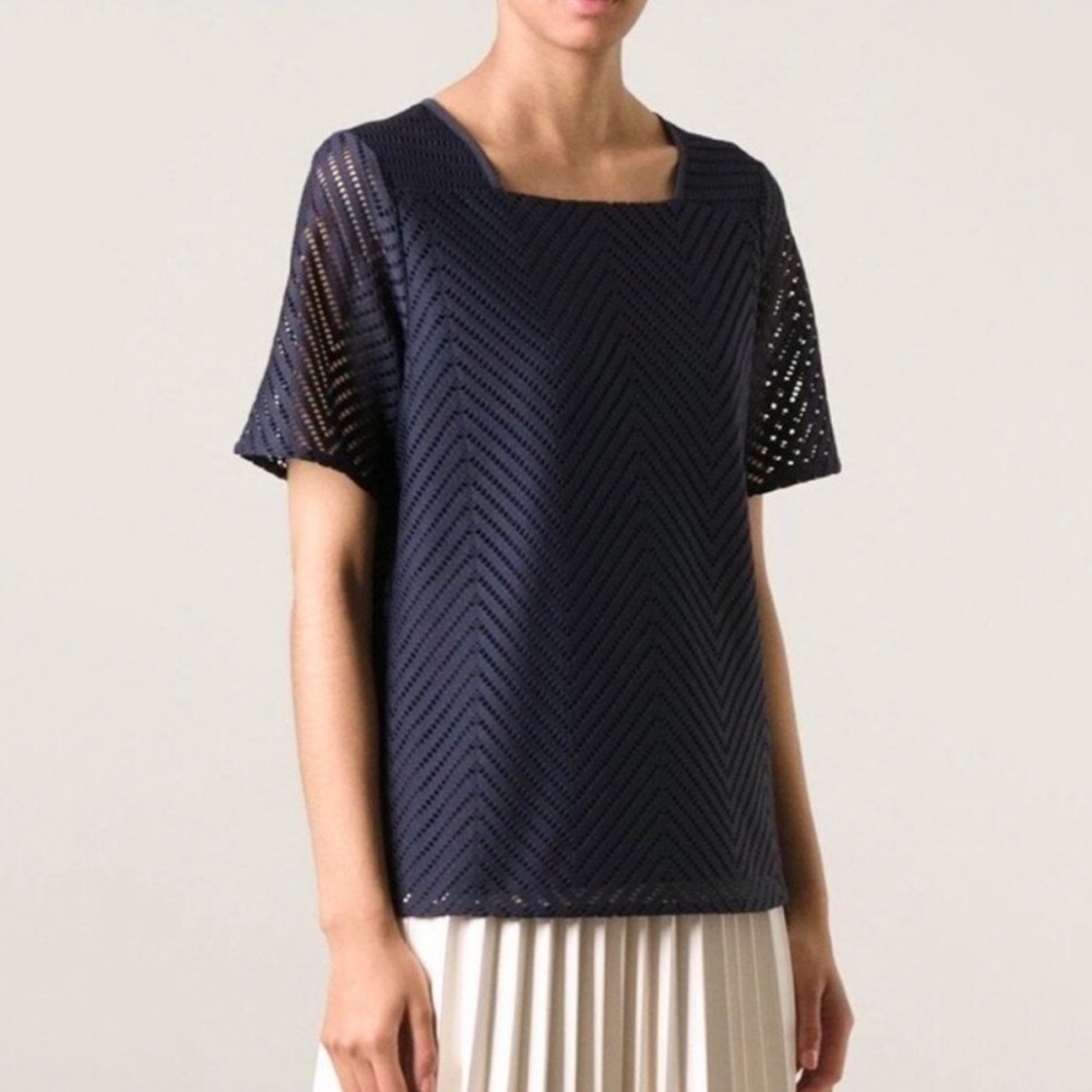 Tory Burch Square Neck Navy Zig Zag “Eyelet” Pullover Short Sleeve S